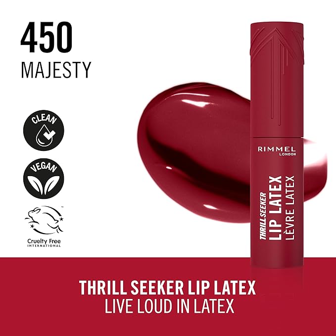 Rimmel Thrill Seeker Lip Latex, 450 Majesty, Liquid Lipstick, Lipgloss, Lip Colour, Hyaluronic Lipstick, Lip Stain, Smooth Shine, Hydration, Hyaluronic Acid, Vitamin E, Aloe Vera, 0.2oz