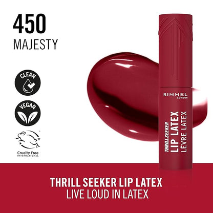 Rimmel Thrill Seeker Lip Latex, 450 Majesty, Liquid Lipstick, Lipgloss, Lip Colour, Hyaluronic Lipstick, Lip Stain, Smooth Shine, Hydration, Hyaluronic Acid, Vitamin E, Aloe Vera, 0.2oz