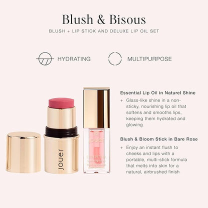Jouer Blush & Bisous Cheek & Lip Set - Cream Blush - Moisturizing Dry Lip Serum - Clear Lip Oil