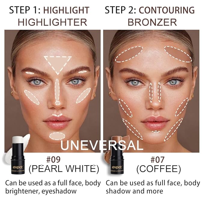 evpct 2Pcs Face Cream Contour Bronzer Sticks Makeup Highlighter Highlight Brown Coffee Pearl White Creme Cheek Contour Sticks contorno en crema Bronzing Foundation Face Contour Stick Kit,7+9 Uneversal