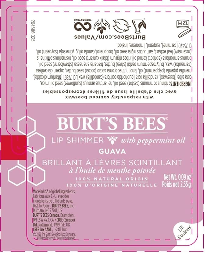 Burt's Bees 100% Natural Moisturizing Lip Shimmer, Guava, 1 Tube