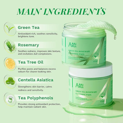 ANAI RUI Green Tea Rosemary Cleansing Pads with CICA Tea Tree Oil, Face Scrub Pads with Bubbles, Exfoliating Deep Cleansing Pad for Face and Body, Make-up Remover Wipes, 50pcs