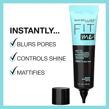 Maybelline Fit Me Matte + Poreless Liquid Foundation + Fit Me Mattifying Primer Makeup Bundle, Includes 1 Foundation in Java and 1 Primer