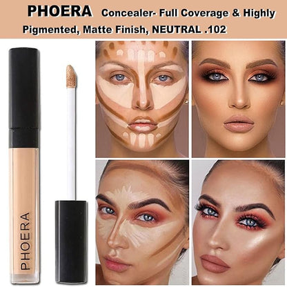 PHOERA Makeup Set - Full Coverage Foundation, Primer, Powder, Concealer & Kabuki Brushes (2 Sponge #105 Sand)