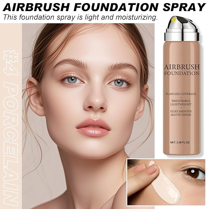 Airbrush Foundation Makeup Spray, Long-lasting Silky Mist Foundation Spray with Brush, Flawless Coverage Foundation for Smooth Radiant Skin, Formula Breathable Moisturizing Makeup (04 Porcelain)