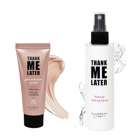 Elizabeth Mott Thank Me Later Glow Bundle: Natural Glow Enhancer Light Sheer Face Primer (30g) + Hydrating 3-in-1 Dewy Setting Spray (95ml) - Cruelty-Free Makeup Set for Radiant Skin