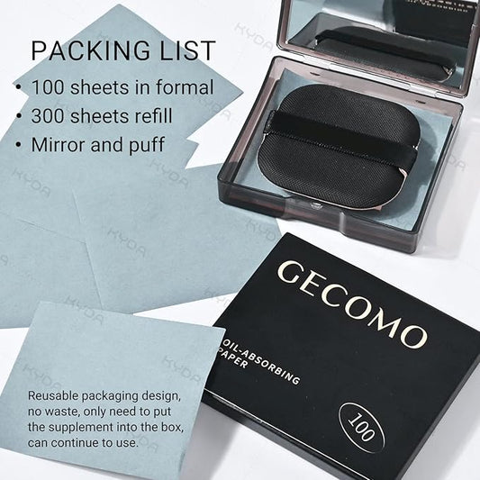 KYDA 400 Sheets Bamboo Charcoal Oil Blotting Paper with Mirror and Puff, Refills Included, Skin-friendly Face Oily Absorbing Sheets for All Skin, Travel Size (1 Formal + 3 Fillers)