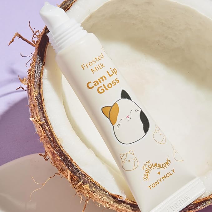 TONYMOLY x Squishmallow Cam the Cat Keychain Lip Gloss, Frosted Milk Gloss, Sheer Pigmented Glossy Lip Stain, Hydrating, Non-Sticky, High Shine Glossy, 11ml