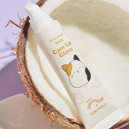 TONYMOLY x Squishmallow Cam the Cat Keychain Lip Gloss, Frosted Milk Gloss, Sheer Pigmented Glossy Lip Stain, Hydrating, Non-Sticky, High Shine Glossy, 11ml