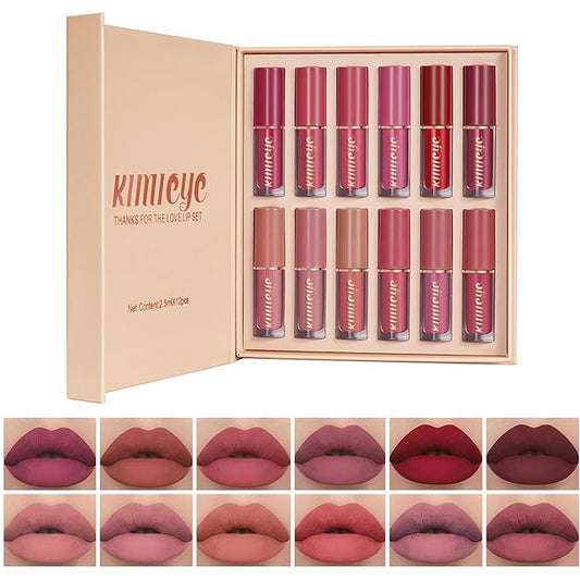 12 Colors Matte Liquid Lipstick Kit, Long Lasting Lip Tint, Waterproof Lip Stain, Non-Stick Cup Quick-dry Velvet Nude to Red Lipstick Makeup Set, Up to 24H Wear (SET B)