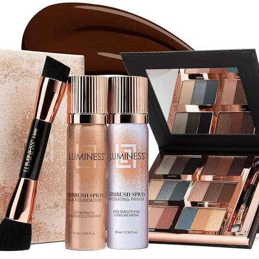 LUMINESS Airbrush Flawless 4-PC Makeup Kit - Includes Eyeshadow Palette, Airbrush Foundation, Primer & Makeup Brushes - Long-Lasting, Silky, Easy to Blend Make Up Set, Travel Size (16 - Light Rich)