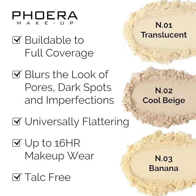 PHOERA Foundation Face Powder, Soft Focus Setting Powder, Silky Powder For Creating Without Shine, Smooths Pores & Lines, Up to 24H Wear Oil Control,0.49 Oz (N.01 Translucent)