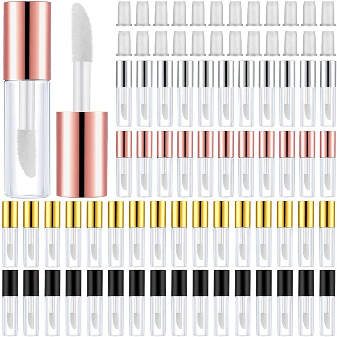 Patelai 100 Pieces 1.2 ml Clear Mini Lip Gloss Tube Refillable Empty Lip Balm Gloss Containers for Women Girls DIY Makeup, Gold, Rose Gold, Black, Silver