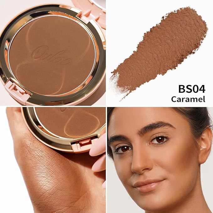 Oulac Matte Bronzer Powder Face Makeup Compact - Natural Sun Kissed Finish, Highlighter Bronzer Blush, Contour Powder, Soft Touch Texture, Vegan & Cruelty-Free BS04, 【BS04 Caramel】