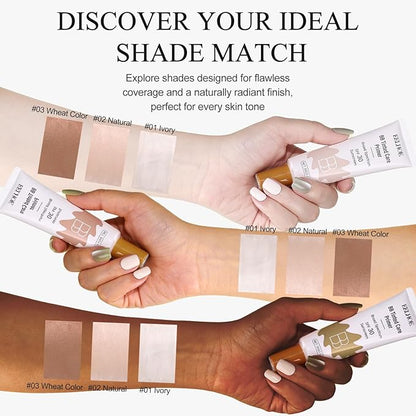 BB Cream Tinted Moisturizer with SPF 30–Lightweight BB Blur Tineted Care Primer,Hydrating Tinted Sunscreen for Face,Full-Coverage Skin Tint Makeup for All Skin Types with 2PCS Sponge (01 Ivory)