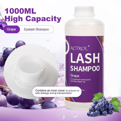 Eyelash Extension Cleanser Grape 1L Natural Lash Extension Shampoo Professional Eyelid Foaming Cleanser Paraben & Sulfate Free Non-lrritating with Salon and Home Care