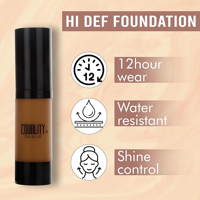 EQUALITY HI-DEF Foundation, Water resistant, Medium to Full coverage, Dewy finish non-matt, 12 hour wear Shine control, Cruelty Free, Paraben Free, 18ml/0.61 US Fl Oz - C9