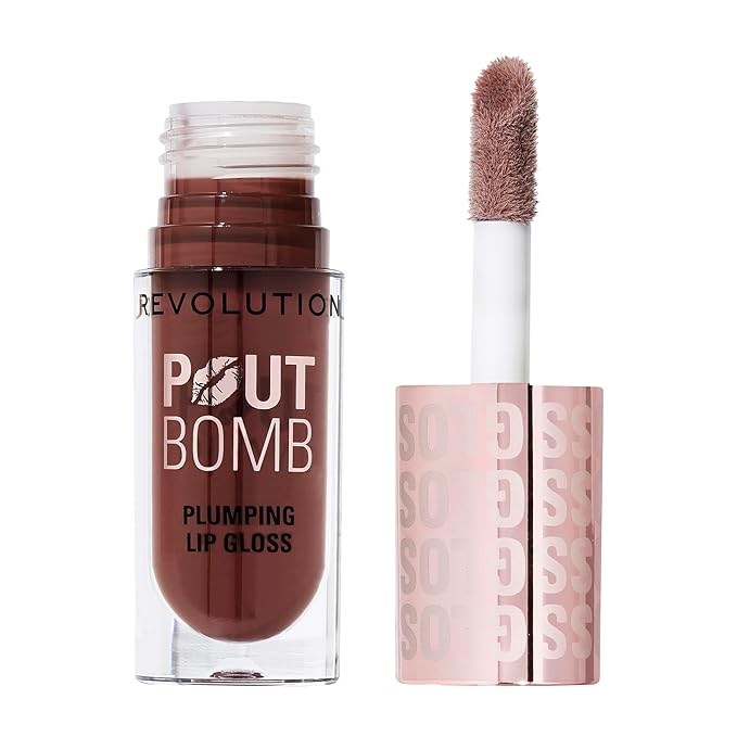Revolution Beauty, Pout Bomb Plumping Lip Gloss, High-Shine for Glossy, Fuller & Plump Lips with Hyaluronic Acid & Peptides, Vegan & Cruelty-Free, Espresso Cool Nude & Brown, 0.15 Fl Oz
