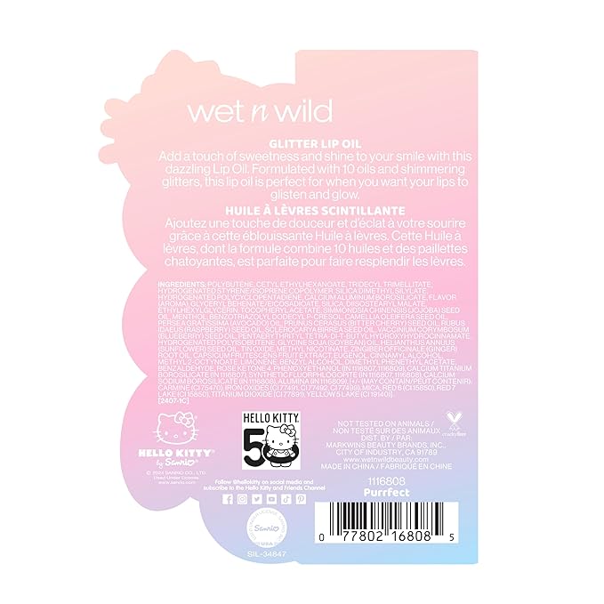 wet n wild Hello Kitty Glitter Lip Oil, New 10 Oil Infused Formula, Warm Apple Pie Lightly Scented, Sparkly Bold Colors, Cruelty-Free & Vegan - Purrfect