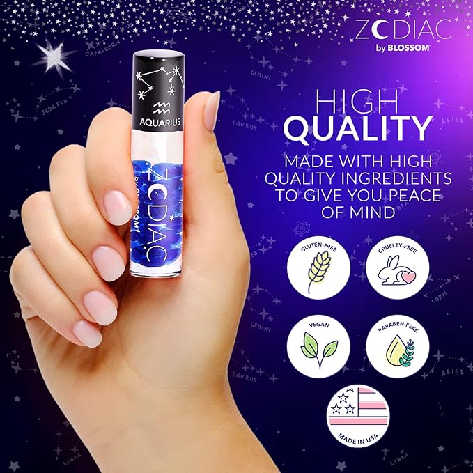 Blossom Lip Gloss Zodiac Sign Vanilla Scented Roll-On Lip Gloss, Moisturizing + Hydrating with Zodiac Crystals, Made in USA, 0.20oz, Aquarius