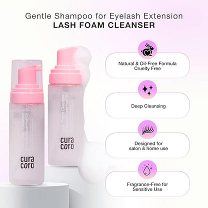 CURACORO 60ML Eyelash Extension Cleanser (Unscented) - Lash Shampoo for Lash Extensions, Eyelash Extension Foam Cleanser for Sensitive Skin, Removes Waterproof Makeup for Professional & Home Use