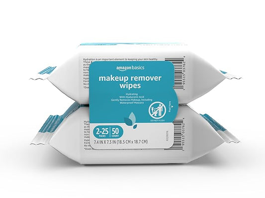 Amazon Basics Makeup Remover Wipes, Gentle Cleansing, Dermatologist Tested, Hydrating, Plant Based, Alcohol Free, Removes Waterproof Mascara, 25 Count Per Pack, Pack of 2 (Previously Solimo)
