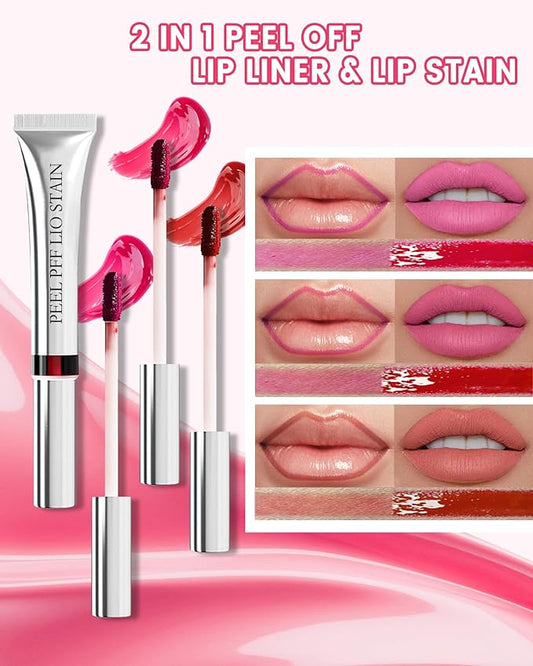 3Pcs Peel Off Lip Stain & Lip Liner Set Long Lasting,Tattoo Lipstain Peel Off Lip Gloss Nude Matte Lipstick, Waterproof,Transfer-Proof Lip Tint for All-Day Wear Women Lip Stain Color Makeup Gift-A
