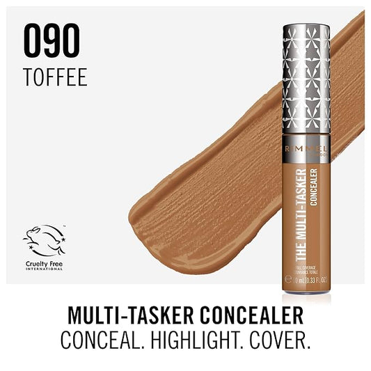 Rimmel London, Multi-Tasker Concealer, 090 Toffee, Crease-Proof, Transfer-Proof, Waterproof, Up To 24-Hour Wear, Vegan Formula, 0.33oz