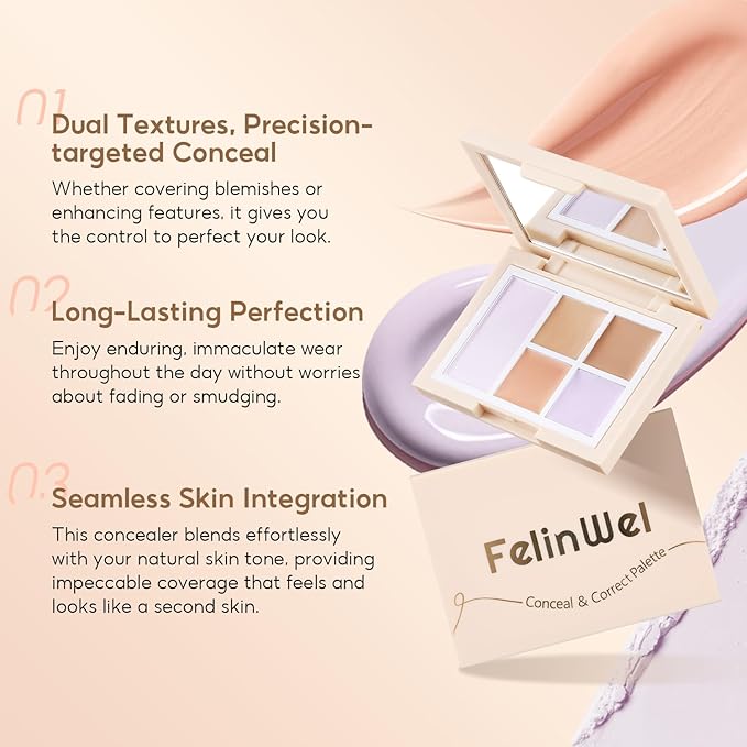 Color Corrector Palette for Dark Circles, Redness & Blemishes, Creamy Concealer + Setting Powder with Hydrating Ingredients, 12H Crease-Proof Wear, 02# Bright Tone