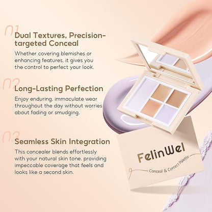 Color Corrector Palette for Dark Circles, Redness & Blemishes, Creamy Concealer + Setting Powder with Hydrating Ingredients, 12H Crease-Proof Wear, 02# Bright Tone