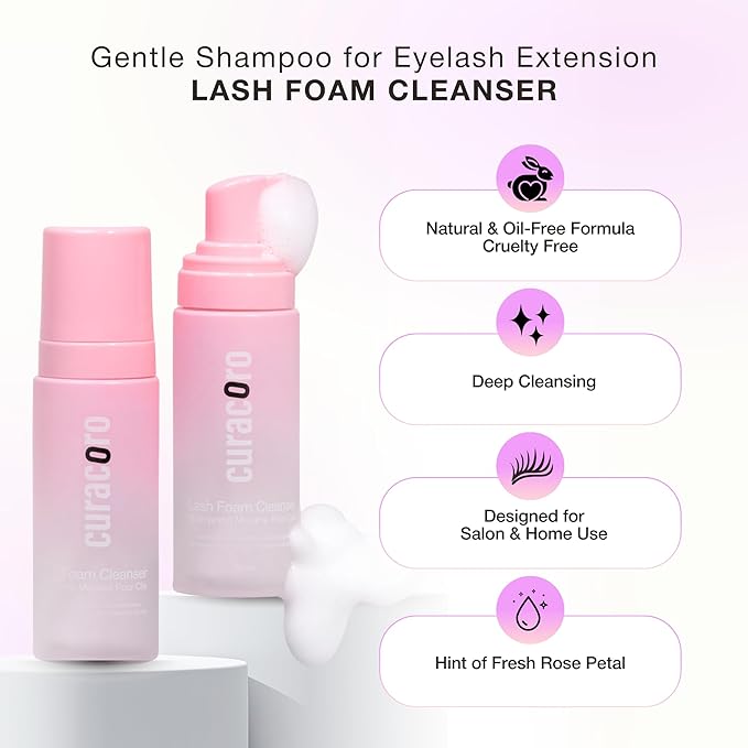 CURACORO 60ML Eyelash Extension Cleanser (Rose Scented) - Lash Shampoo for Lash Extensions, Eyelash Extension Foam Cleanser for Sensitive Skin, Removes Waterproof Makeup for Professional & Home Use
