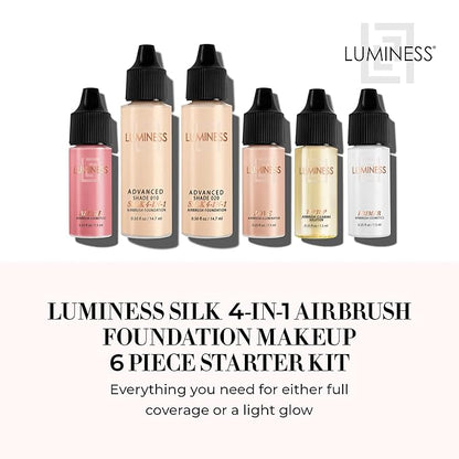 Luminess Silk 4-in-1 Airbrush Foundation Makeup Starter Kit - Fair Coverage, 6-piece - Includes 2x Silk Airbrush Foundation, Blush, Glow Highlighter, Moisturizer Primer & Airbrush Cleaning Solution
