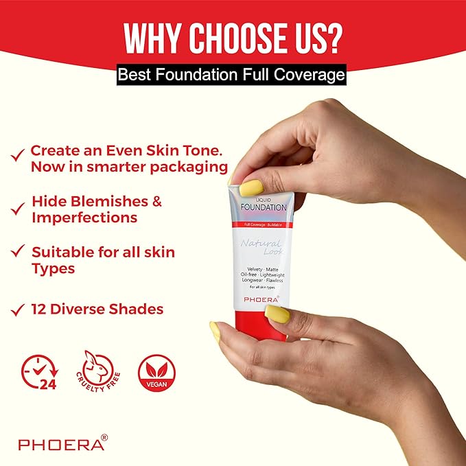 Phoera Foundation Full Coverage Makeup Set - 24hr Long Lasting Oil Control - Same Foundation Smarter Packaging (104 Buff Beige)