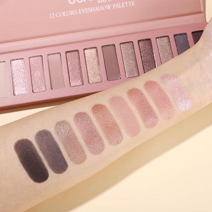 UCANBE 12 Color Eyeshadow Makeup Palette, Naked Nude Eye Shadow, Neutral Matte Shimmer Make Up Pallet with Double-ended Brush Set Kit, Highly Pigmented Long Lasting Waterproof
