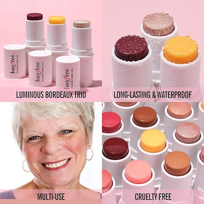 KIMUSE Cosmetics Multi Stick Trio, Cream Blush Stick, Highlighter Stick & Moisturizer, 3 Pack Makeup Sticks for Older Women & Mature Skin (Luminous Bordeaux Trio)