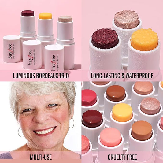 KIMUSE Cosmetics Multi Stick Trio, Cream Blush Stick, Highlighter Stick & Moisturizer, 3 Pack Makeup Sticks for Older Women & Mature Skin (Luminous Bordeaux Trio)