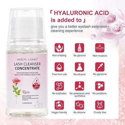 ARISON LASHES Lash Shampoo Concentrate for Lash Extensions 60ML Eyelash Cleanser Concentrate Oil-Free Eyelash Extension Shampoo with Salon Home Care(Rose)