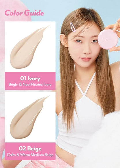I'M MEME Korean Foundation - Wonder Velvet Cushion 02 Beige | Semi-Matte, Lightweight, High Coverage, Skin Moisturizing, Anti-darkening, Light makeup, Translucent Compact