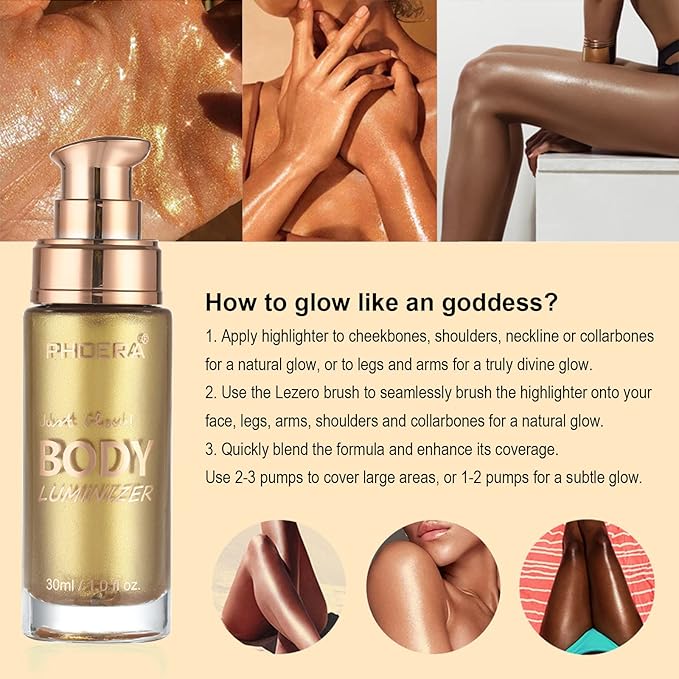 Shimmer Oil, Waterproof Long Lasting Moisturizing Bronze Body Luminizer Glow for Face & Body, Liquid Illuminator Highlighter 1oz/Jars, Makeup Brush Included (Metallic Gold #02)