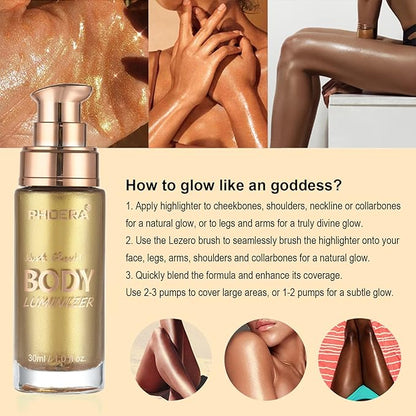 Shimmer Oil, Waterproof Long Lasting Moisturizing Bronze Body Luminizer Glow for Face & Body, Liquid Illuminator Highlighter 1oz/Jars, Makeup Brush Included (Metallic Gold #02)