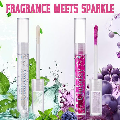 Jcoos Lip Gloss Lip Oil, Glitter Clear Lip Gloss, Purple Lip Gloss, Moisturizing, Shiny, Hydrating Lip Oil, Mint & Grapes Flavored Lip Gloss, Lip Plumper Lipgloss Sets for Girls Women Kids Teens