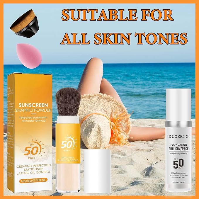 Sunscreen Setting Powder,Warm Change Foundation,Brush Setting Makeup SPF 50 PA++ for All Skin,Moisturizing Loose Face Powder with Sunscreen Brush