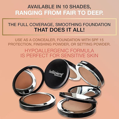 bellapierre Compact Mineral Foundation SPF 15 | Vegan & Cruelty Free Natural Makeup | Full Coverage Matte Foundation | Hypoallergenic | Oil & Talc Free - 0.35 Oz - Latte