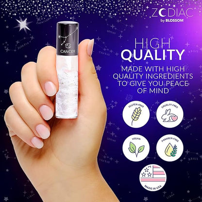 Blossom Lip Gloss Zodiac Sign Vanilla Scented Roll-On Lip Gloss, Moisturizing + Hydrating with Zodiac Crystals, Made in USA, 0.20oz, Cancer
