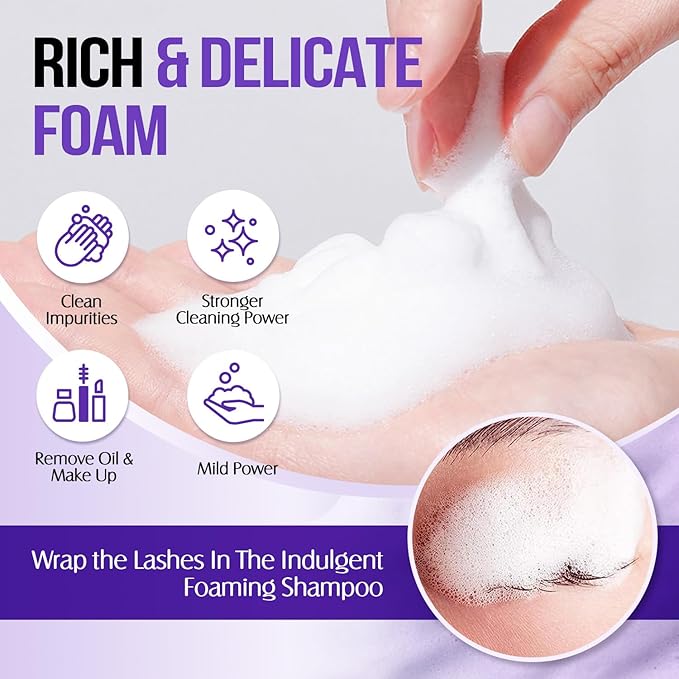 Lash Shampoo for Lash Extensions 60 Ml/2fl.oz Eyelash Extension Cleanser Oil Free Lash Cleanser for Eyelash Care, Gentle Foaming Eyelash Shampoo with Brush for Salon Home Care (Lavender 60ml)