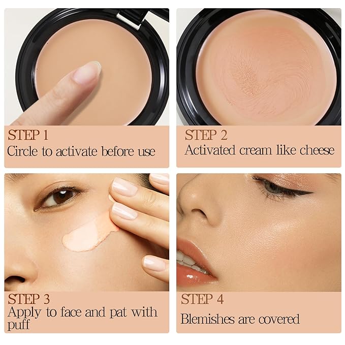 Powder Foundation,Long Wear Full Coverage Foundation with Sponge,Flawess Demi-Matte Finish,Brighten Correcting Color