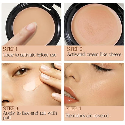 Powder Foundation,Long Wear Full Coverage Foundation with Sponge,Flawess Demi-Matte Finish,Brighten Correcting Color