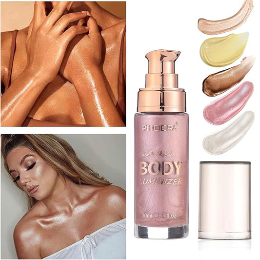Sparkle Pink Body Glow Oil, Long Lasting Moisturizing Bronze Luminizer For Face & Body, Waterproof Liquid Illuminator 1oz/Jar, Makeup Brush Included