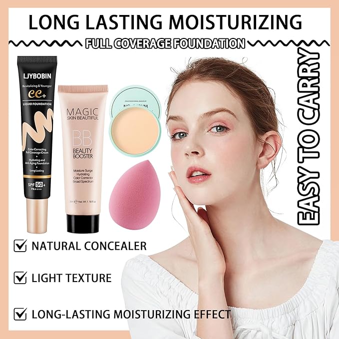 Hydrating CC Cream with Makeup Sponge,Waterproof Flawless Concealer Full Coverage BB Cream and Loose Setting Powder,Long Lasting Full Coverage Liquid Foundation for Men & Women（3 Pcs）