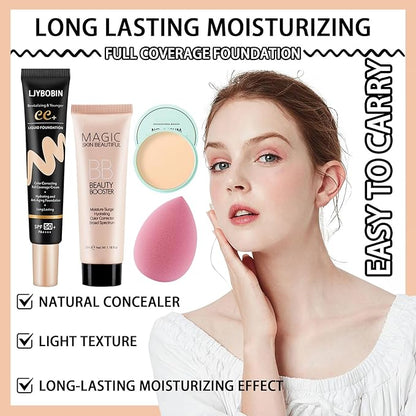 Hydrating CC Cream with Makeup Sponge,Waterproof Flawless Concealer Full Coverage BB Cream and Loose Setting Powder,Long Lasting Full Coverage Liquid Foundation for Men & Women（3 Pcs）